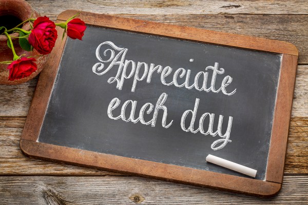 Appreciate each day - white chalk text on a vintage slate black