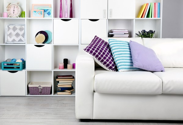 White living room with sofa and bookcase